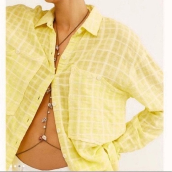 Free People Tops - Free People Loveland Woven Plaid Button Down Shirt Citron Yellow
